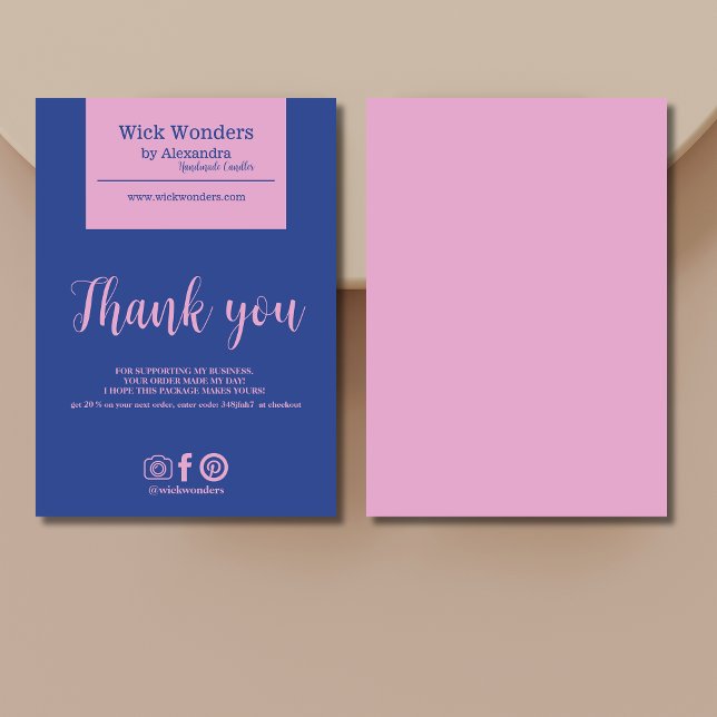 Navy Blue Pink Minimalistic Candle Making Thank You Card (Creator Uploaded)