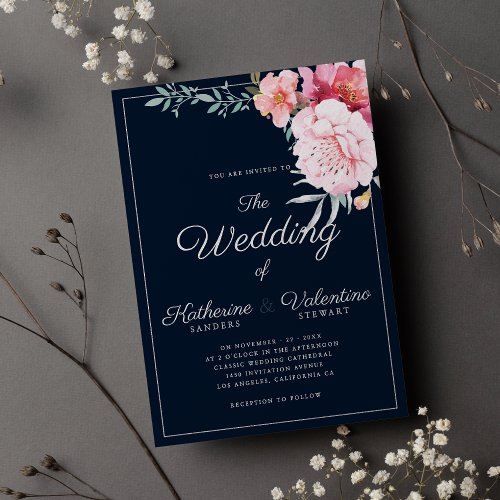 Navy blue pink mint formal script floral wedding invitation