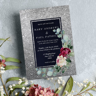 Navy blue pink mint silver glitter floral Wedding Invitation
