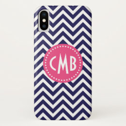 Navy Blue & Pink Modern Chevron Custom Monogram iPhone X Case