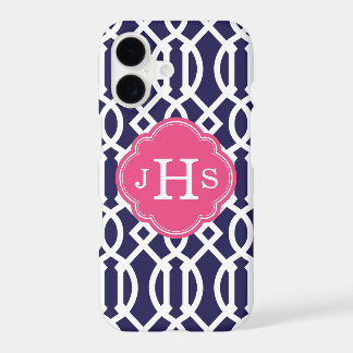 Navy Blue & Pink Modern Trellis Monogram iPhone 17 Case