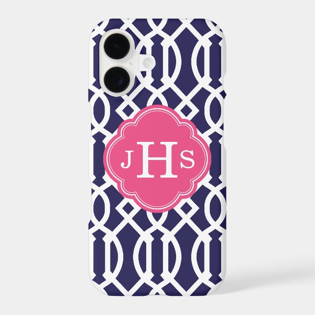 Navy Blue & Pink Modern Trellis Monogram Case-Mate iPhone Case (Back)