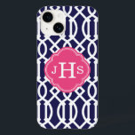 Navy Blue & Pink Modern Trellis Monogram Case-Mate iPhone 14 Case<br><div class="desc">Cute Girly Trendy Chic Stylish Preppy Geometric Modern Trellis Pattern. Add your custom personalized monogram initials or name. Click the Customize It button to change fonts and colors for a unique one-of-a-kind design.</div>