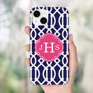 Navy Blue & Pink Modern Trellis Monogram Case-Mate iPhone 14 Case