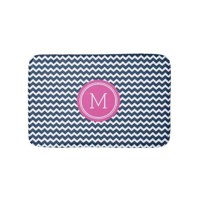 Navy Blue Pink Monogram Chevron Stripes Bathmat (Front)