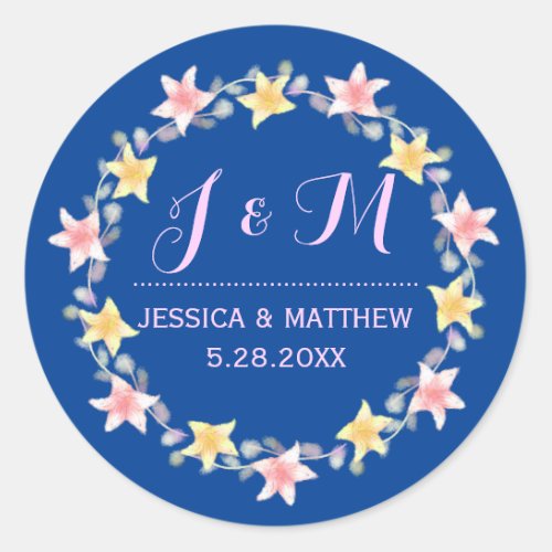 Navy Blue  Pink Monogram Floral Wedding Sticker