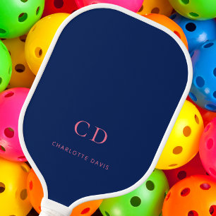 Navy blue pink monogram initials name carbon fiber pickleball paddle 