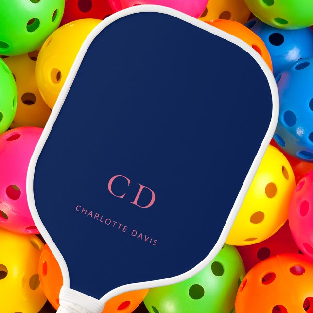 Navy blue pink monogram initials name carbon fiber pickleball paddle  (Creator Uploaded)