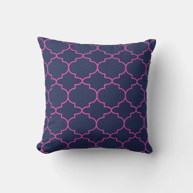 Navy Blue Pink Moroccan Pattern With Polka Dots Throw Pillow (Front)