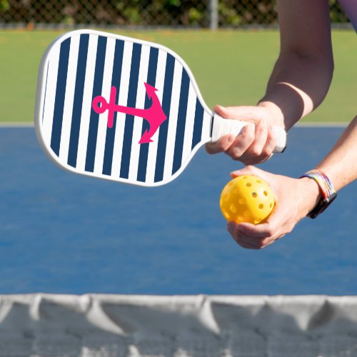 Navy Blue Pink Nautical Anchor Stripes Pickleball Paddle