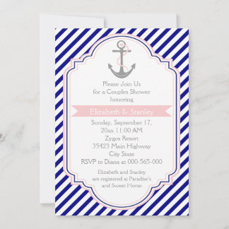 Navy blue, pink nautical couples wedding shower invitation
