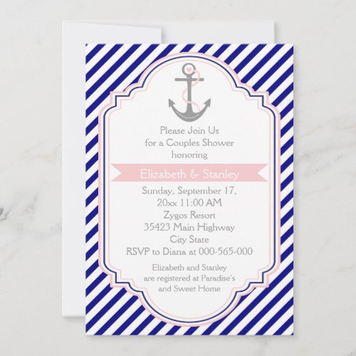 Navy blue, pink nautical couples wedding shower invitations