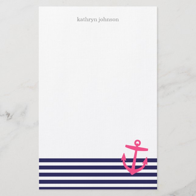 Navy Blue & Pink Nautical Stripes and Cute Anchor Stationery (Front)