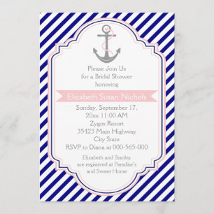 Navy blue, pink nautical wedding bridal shower invitation