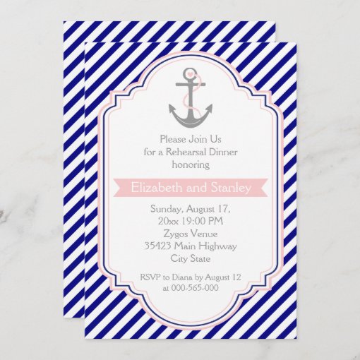 Navy Blue Pink Nautical Wedding Rehearsal Dinner Invitation Zazzle