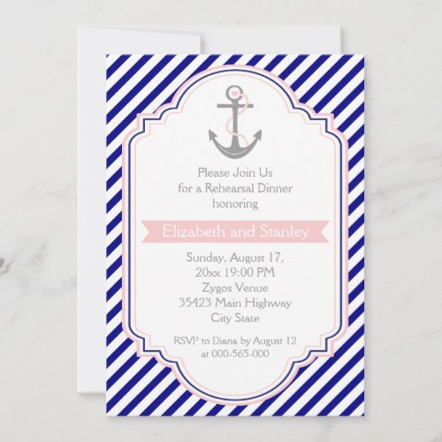 Navy blue pink nautical wedding rehearsal dinner invitation