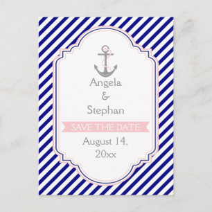 Navy blue, pink nautical wedding Save the Date Announcement Postcard