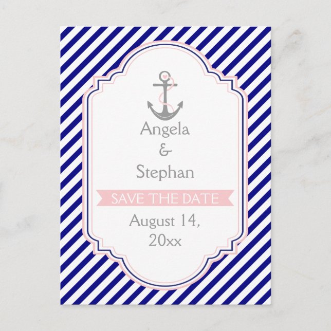 Navy blue, pink nautical wedding Save the Date Announcement Postcard (Front)
