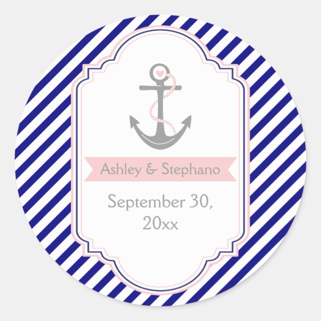 Navy blue, pink nautical wedding Save the Date Classic Round Sticker (Front)