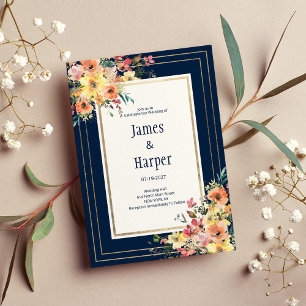 Navy blue pink orange gold floral spring Wedding Invitation