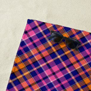 Navy Blue Pink Orange Plaid Tartan Design Beach Towel