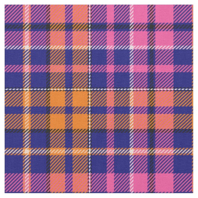 Navy Blue Pink Orange Plaid Tartan Design  Fabric (Close Up)