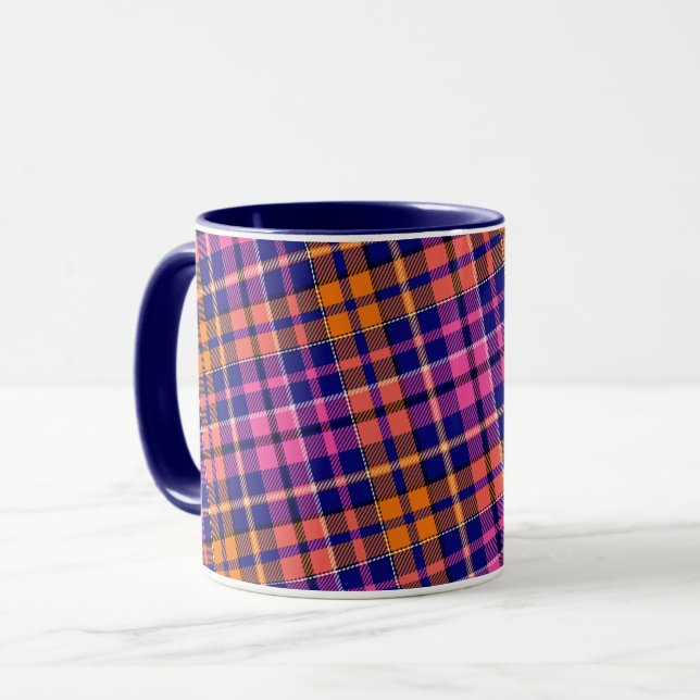 Navy Blue Pink Orange Plaid Tartan Design  Mug (Front Left)