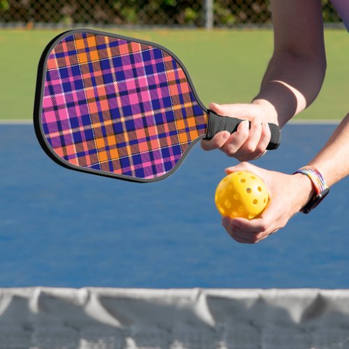 Navy Blue Pink Orange Plaid Tartan Design Pickleball Paddle