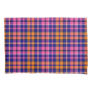 Navy Blue Pink Orange Plaid Tartan Design Pillow Case