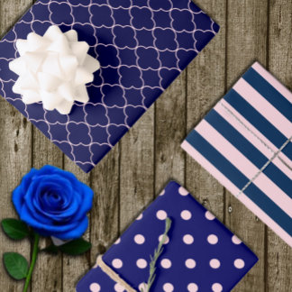 Navy Blue Pink Patterned Wrapping Paper Sheets