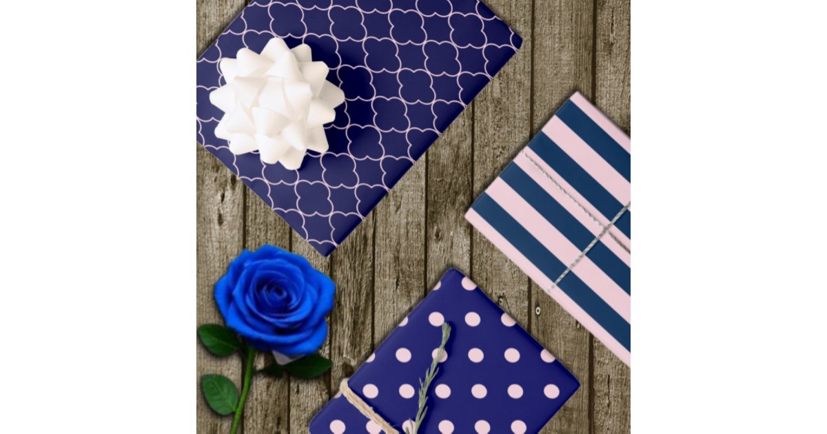 Navy Blue Pink Patterned Wrapping Paper Sheets | Zazzle
