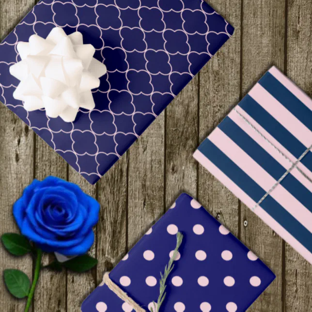 Navy Blue Pink Patterned Wrapping Paper Sheets | Zazzle