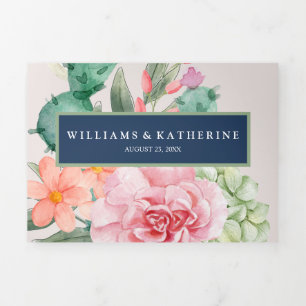 Navy Blue Pink & Peach Floral Winter Wedding Tri-Fold Invitation