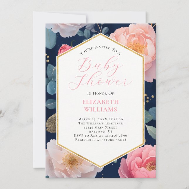 Navy Blue Pink Peonies Baby Shower Invitation (Front)