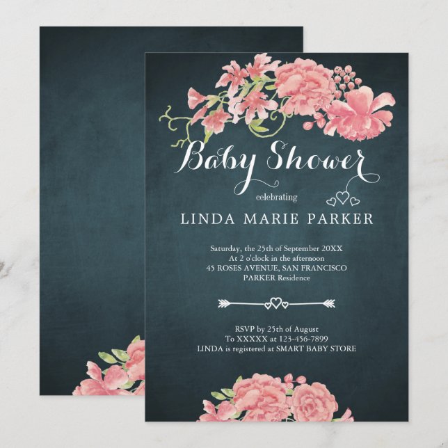 Navy blue  pink peonies floral elegant baby shower invitation (Front/Back)