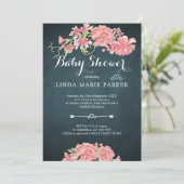 Navy blue  pink peonies floral elegant baby shower invitation (Standing Front)