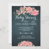Navy blue  pink peonies floral elegant baby shower invitation (Front)