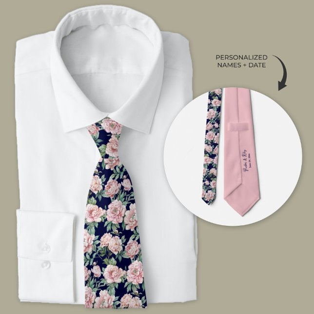 Navy Blue Pink Peony Floral Groomsmen  Neck Tie (Navy Blue and Pink Peony floral personalized wedding neckties for groom and groomsmens)