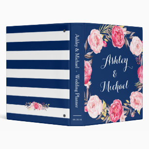 Navy Blue Pink Peony Floral Wreath Wedding Planner 3 Ring Binder