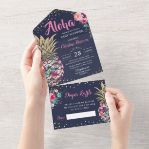 Navy Blue Pink Pineapple Floral Baby Shower All In One Invitation