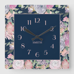 Navy Blue Pink Purple Hand Drawn Floral Square Wall Clock