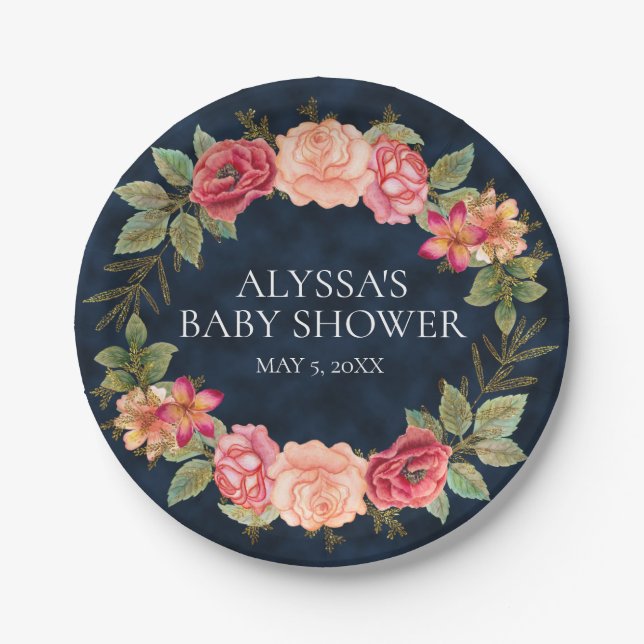 Navy Blue Pink Red Floral Custom Baby Shower Paper Plates (Front)