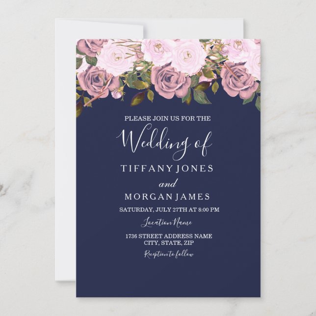 Navy Blue Pink Rose Floral Wedding Invite (Front)