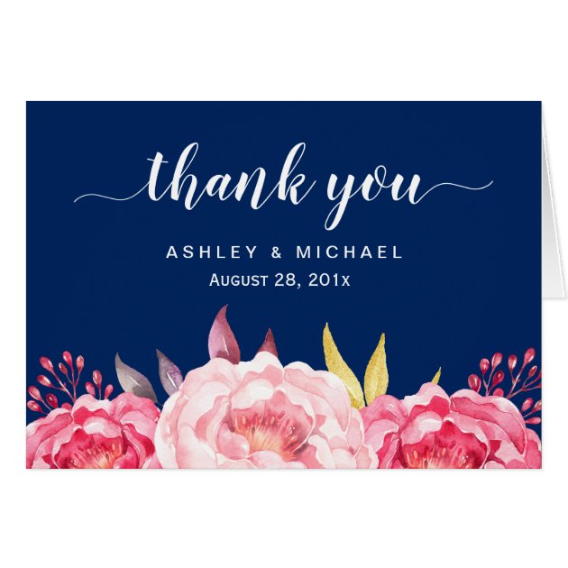 Navy Blue Pink Rose Flowers Thank You Card