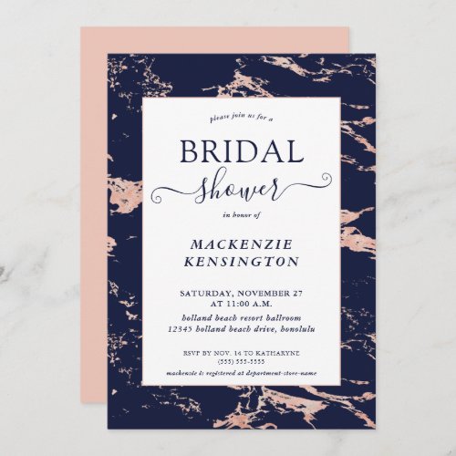 Navy Blue Pink Rose Foil Marble Bridal Shower Invitation