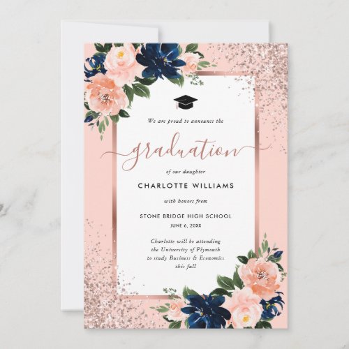 Navy Blue Pink Rose Gold Floral Graduation Announcement