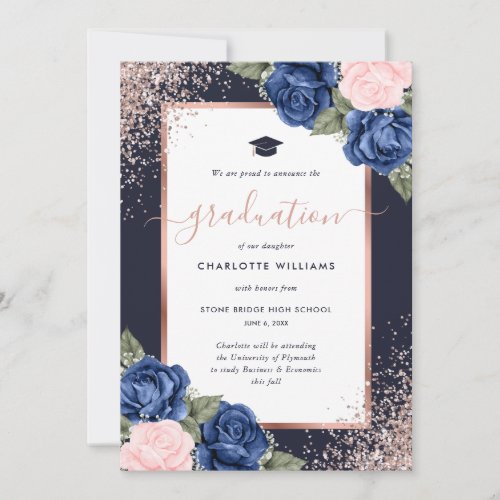 Navy Blue Pink Rose Gold Floral Photo Graduation Announcement
