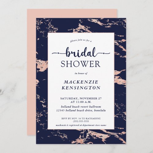 Navy Blue Pink Rose Gold Foil Marble Bridal Shower Invitation