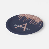 Navy Blue Pink Rose Gold Glitter Monogram Birthday Paper Plates (Angled)