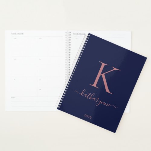 Navy Blue Pink Rose Gold Monogram Name Planner